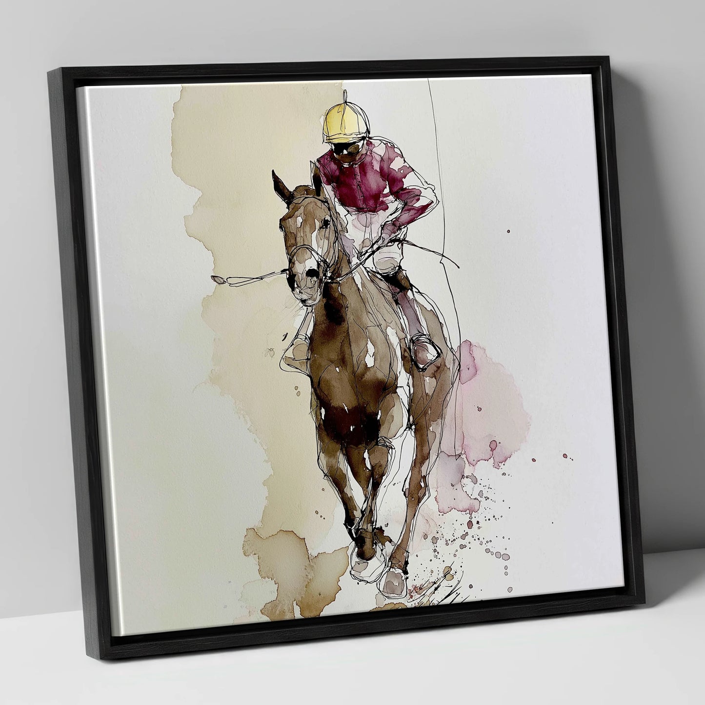 Furlong Flow in Burgundy racing horse canvas wall art in black frame