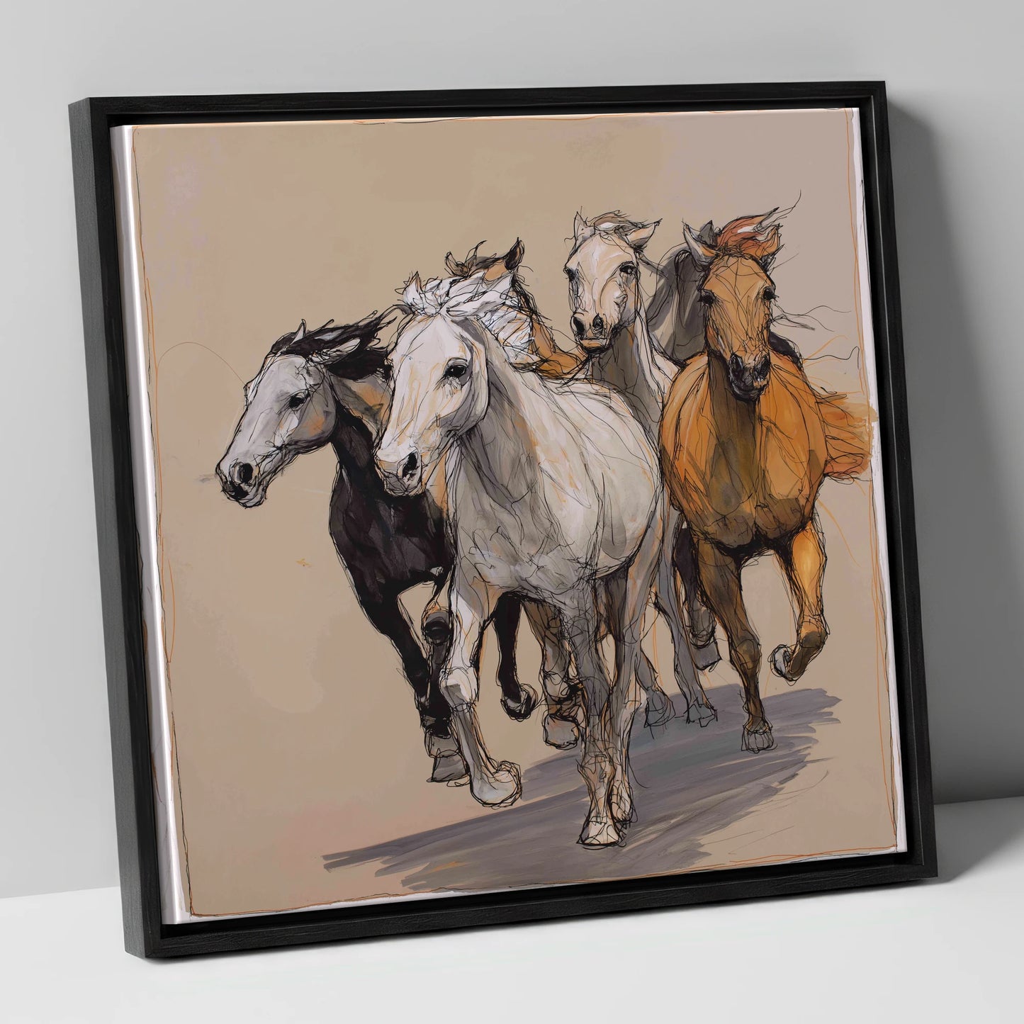 Unbridled Momentum wild horses canvas wall art in black frame
