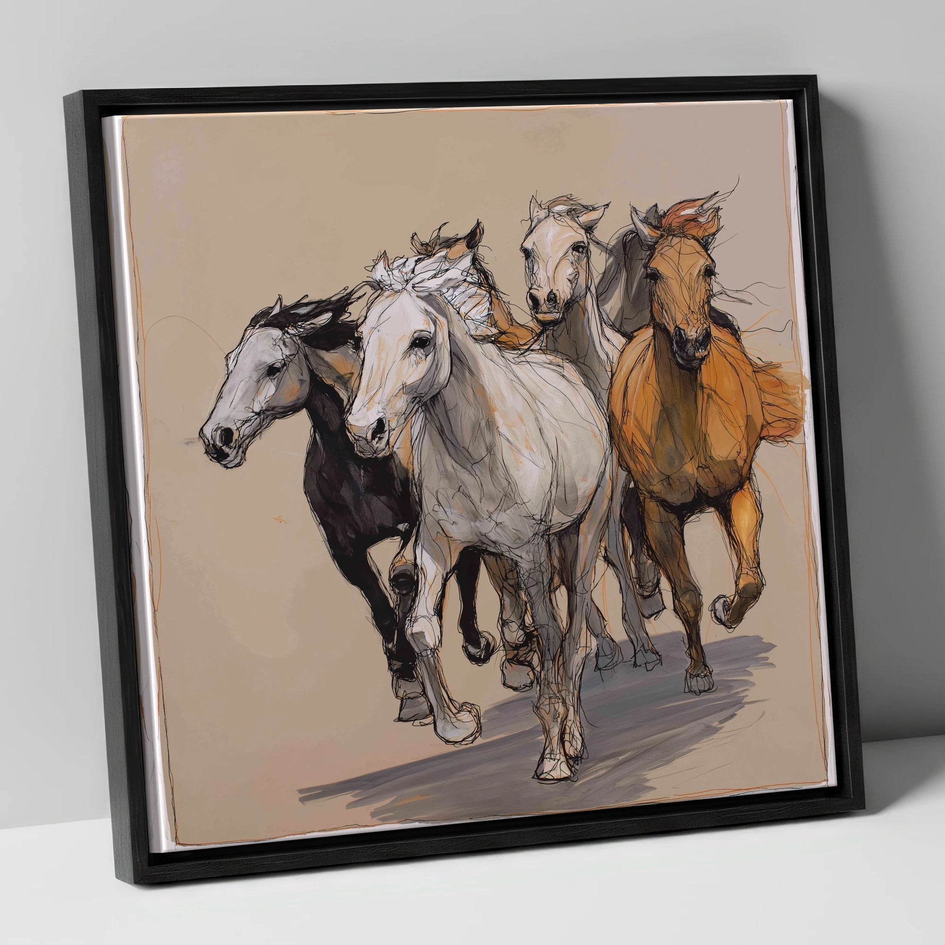 Unbridled Momentum wild horses canvas wall art in black frame
