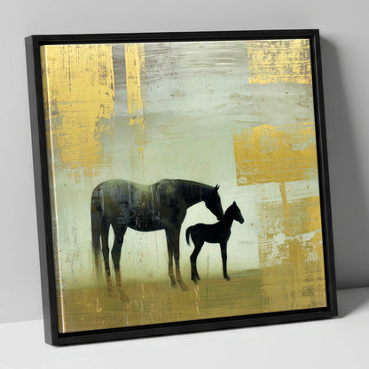 Gilded Maternal Bond mare & foal canvas wall art in black frame