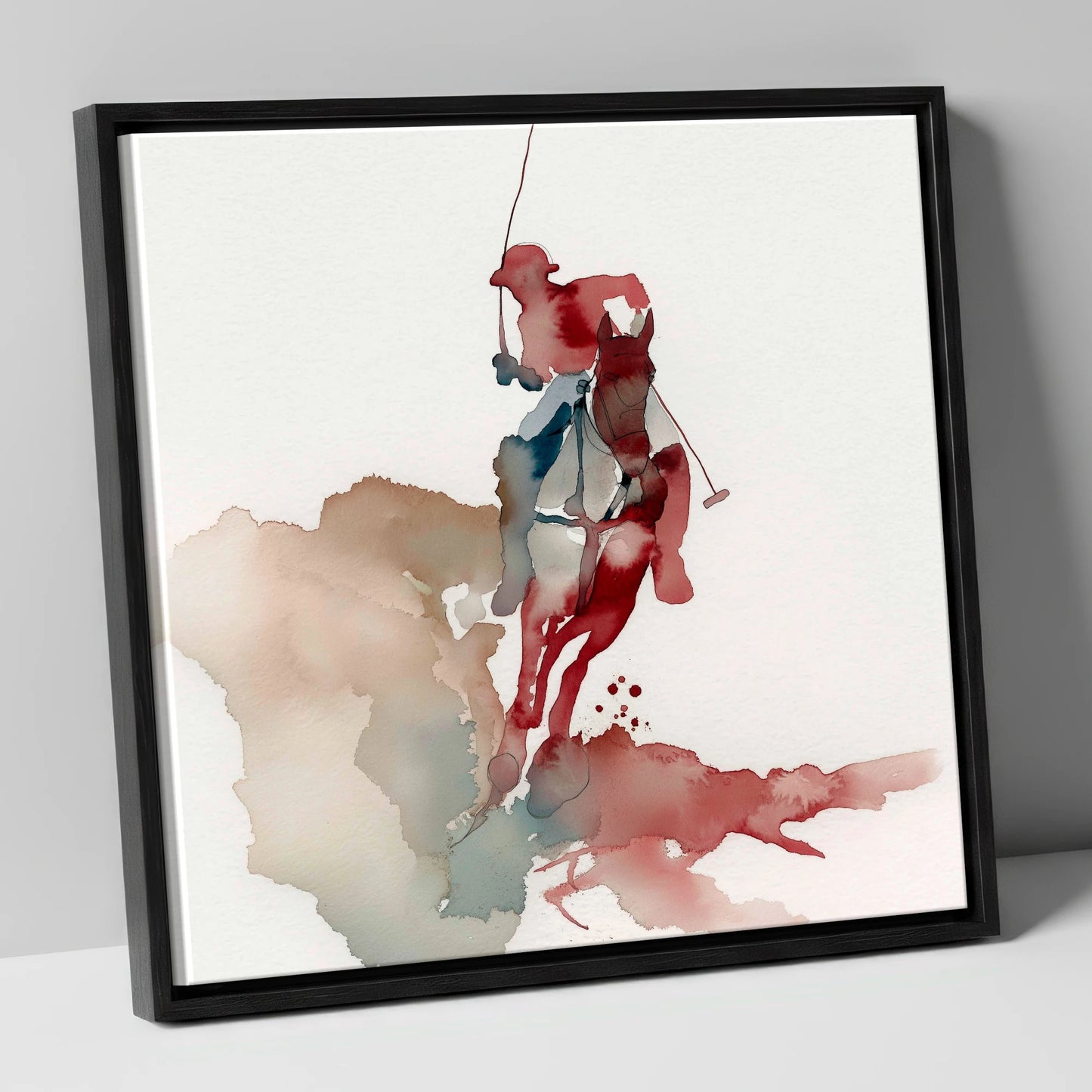 Crimson Chukka Strike polo horse canvas wall art in black frame