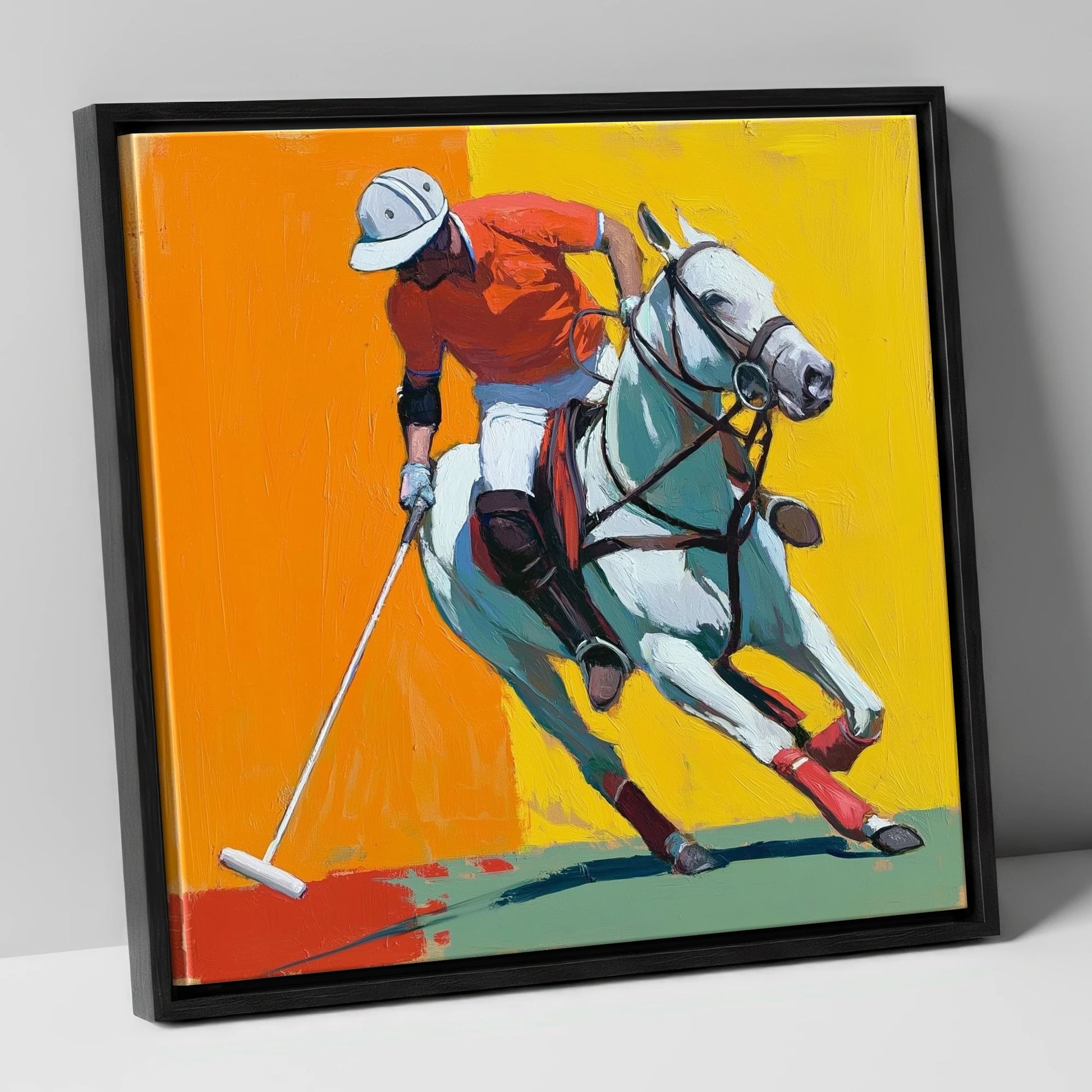Mid-Swing Momentum polo horse canvas wall art in black frame