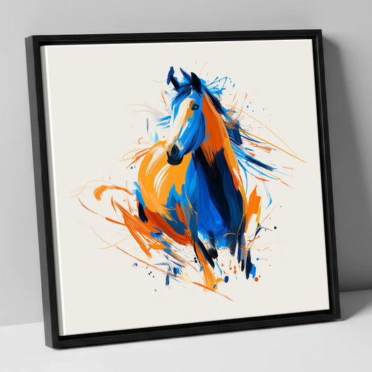 Cobalt and Amber Spirit horse portrait canvas wall art in black frame