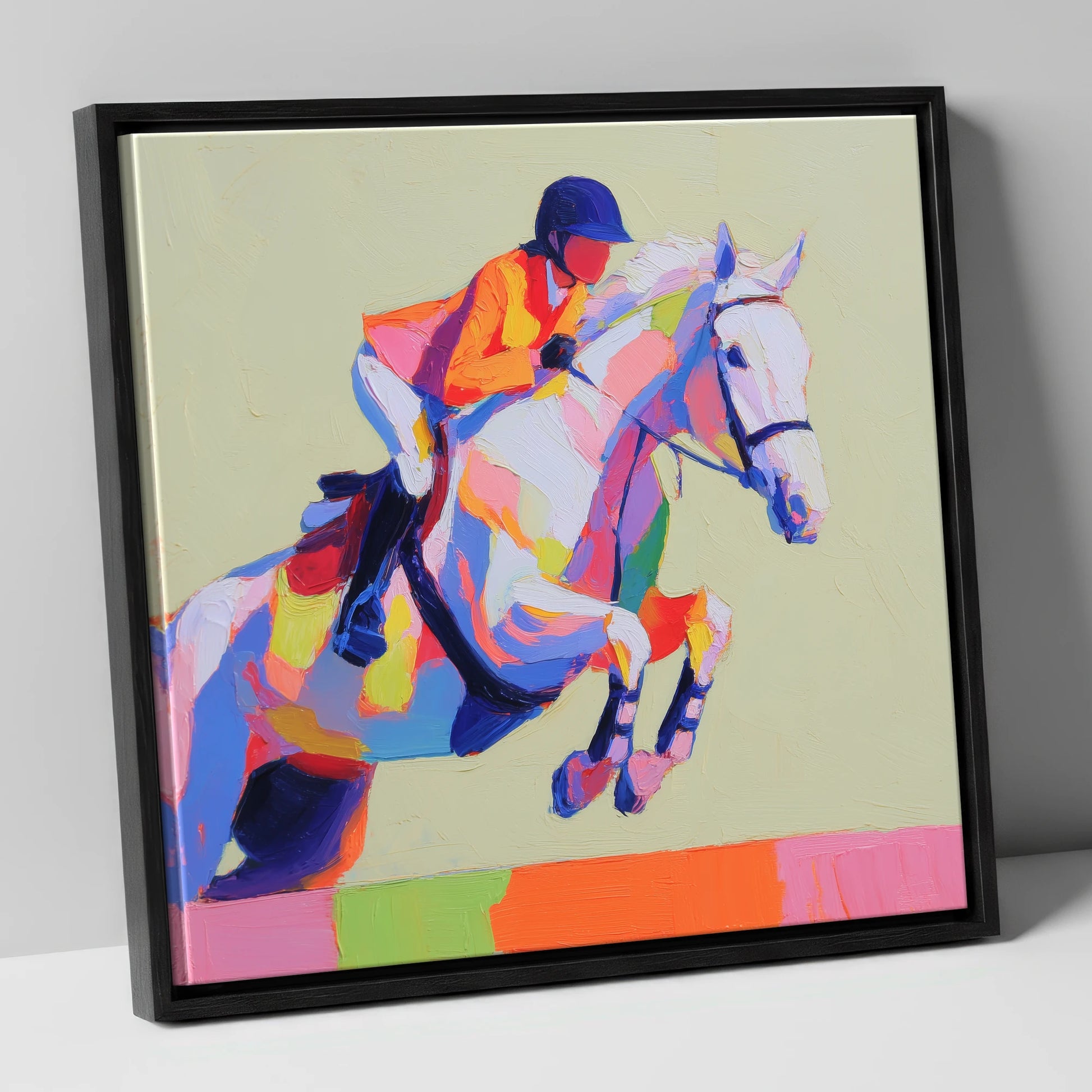 Technicolour Flight show jumping horse canvas wall art in black frame