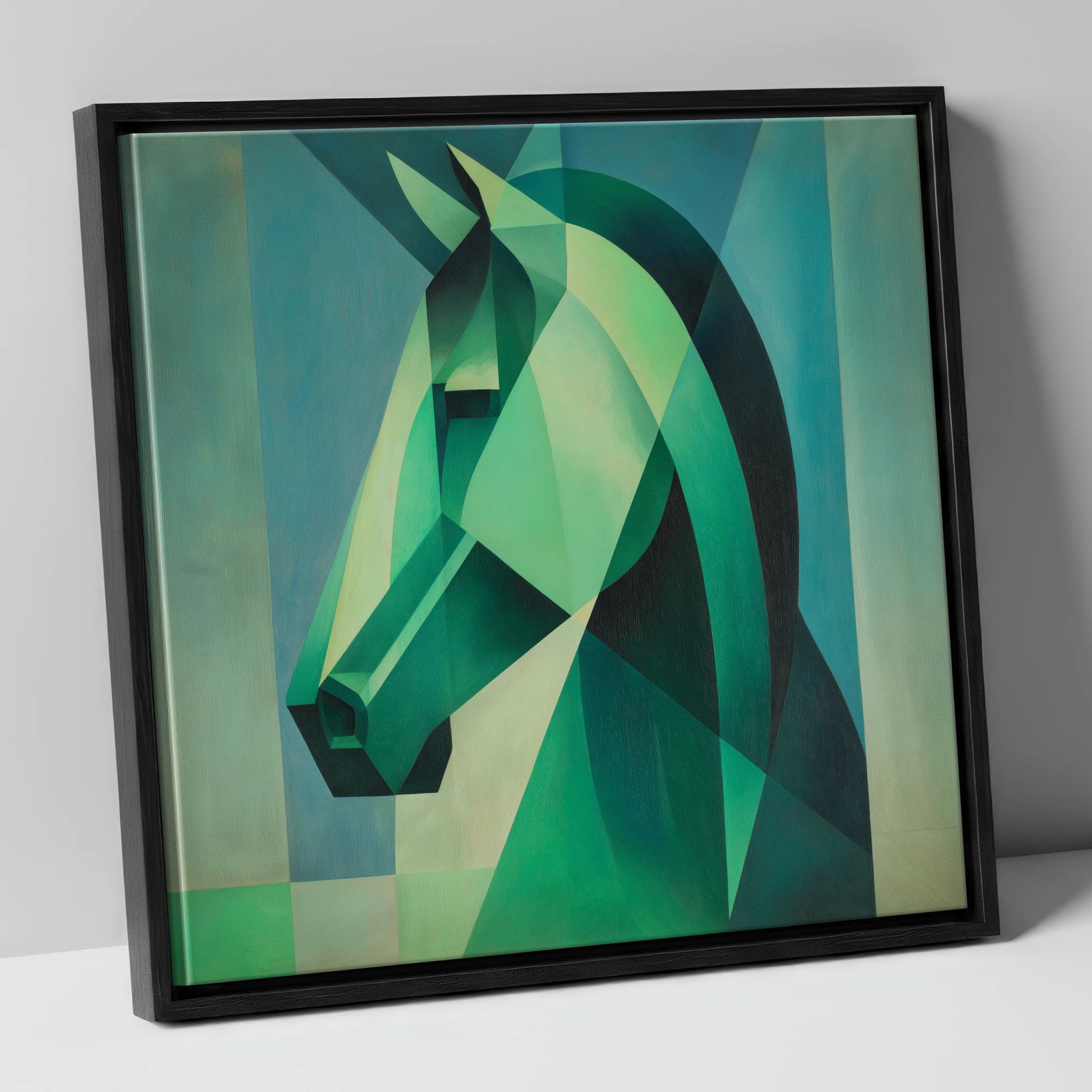 Emerald Geometric Equine horse portrait canvas wall art in black frame