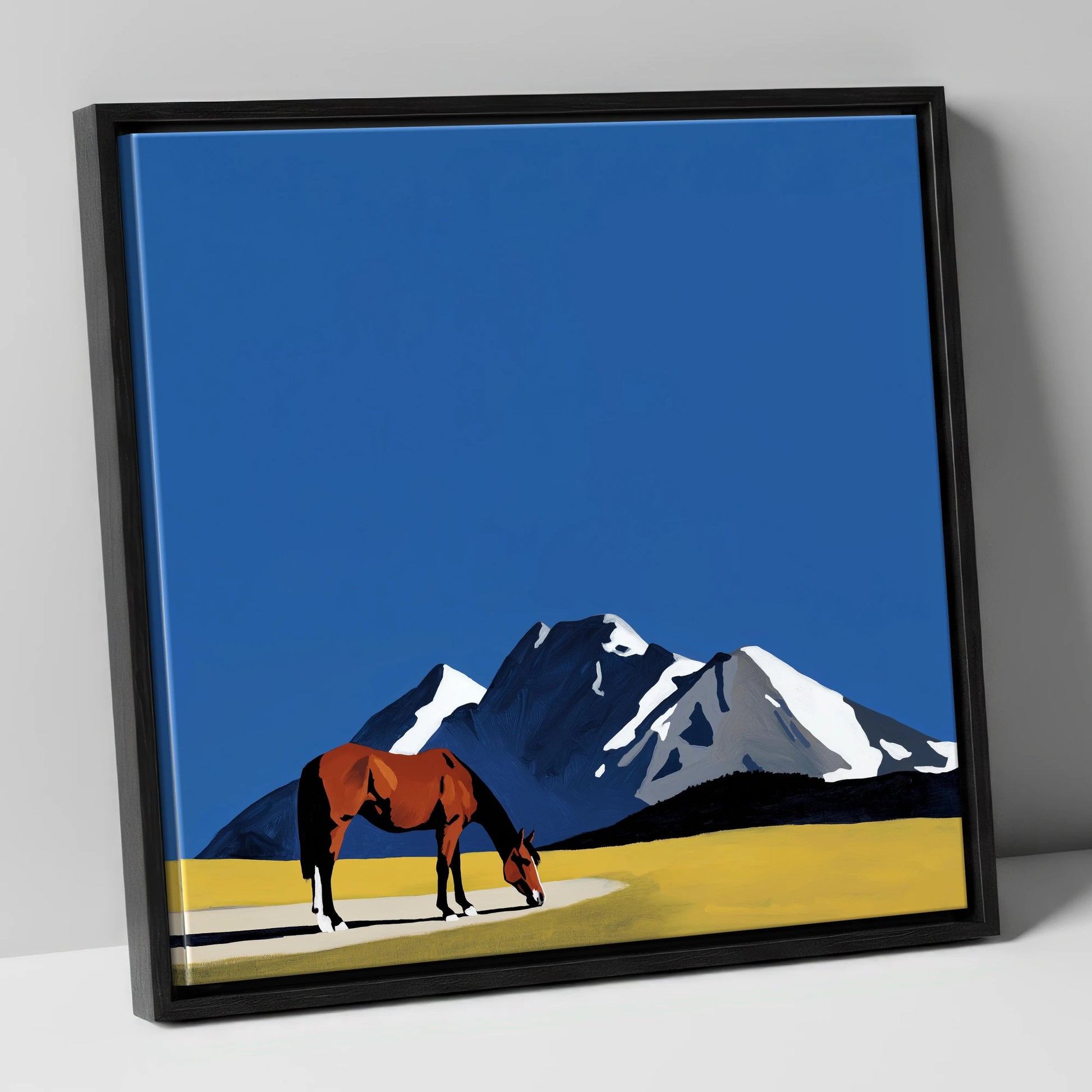 Majestic Mountain Grazing horse landscape canvas wall art in black frame