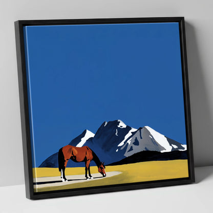 Majestic Mountain Grazing horse landscape canvas wall art in black frame