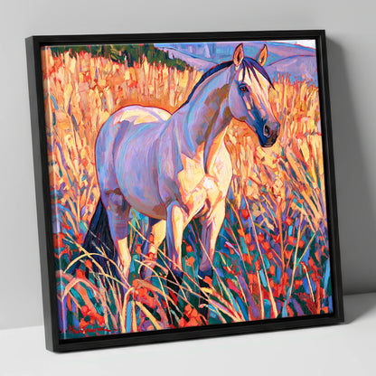 Vibrant Horse in Golden Grass horse breed canvas wall art in black frame