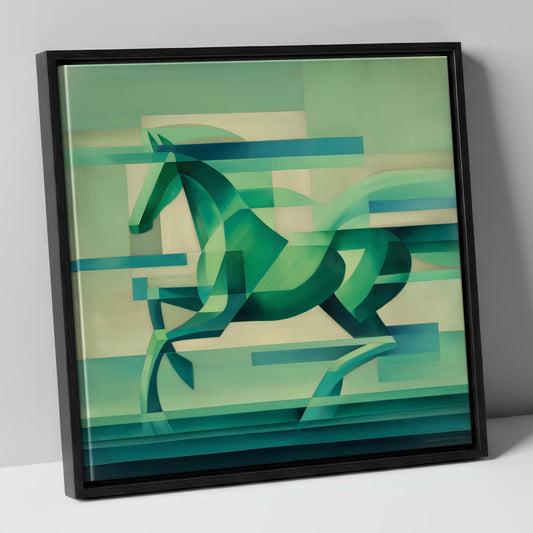 Abstract Emerald Canter horse portrait canvas wall art in black frame