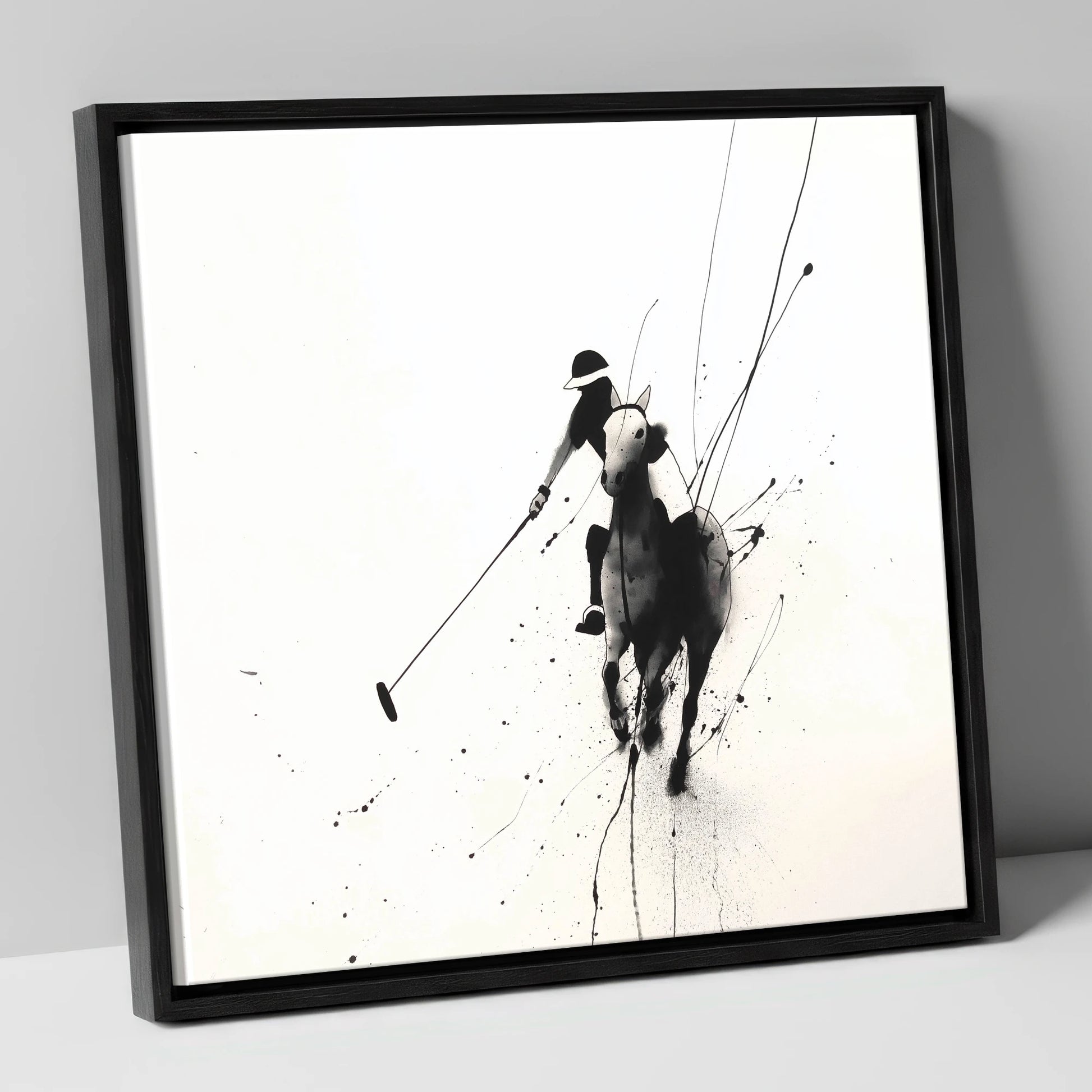 Ethereal Polo Silhouette polo horse canvas wall art in black frame