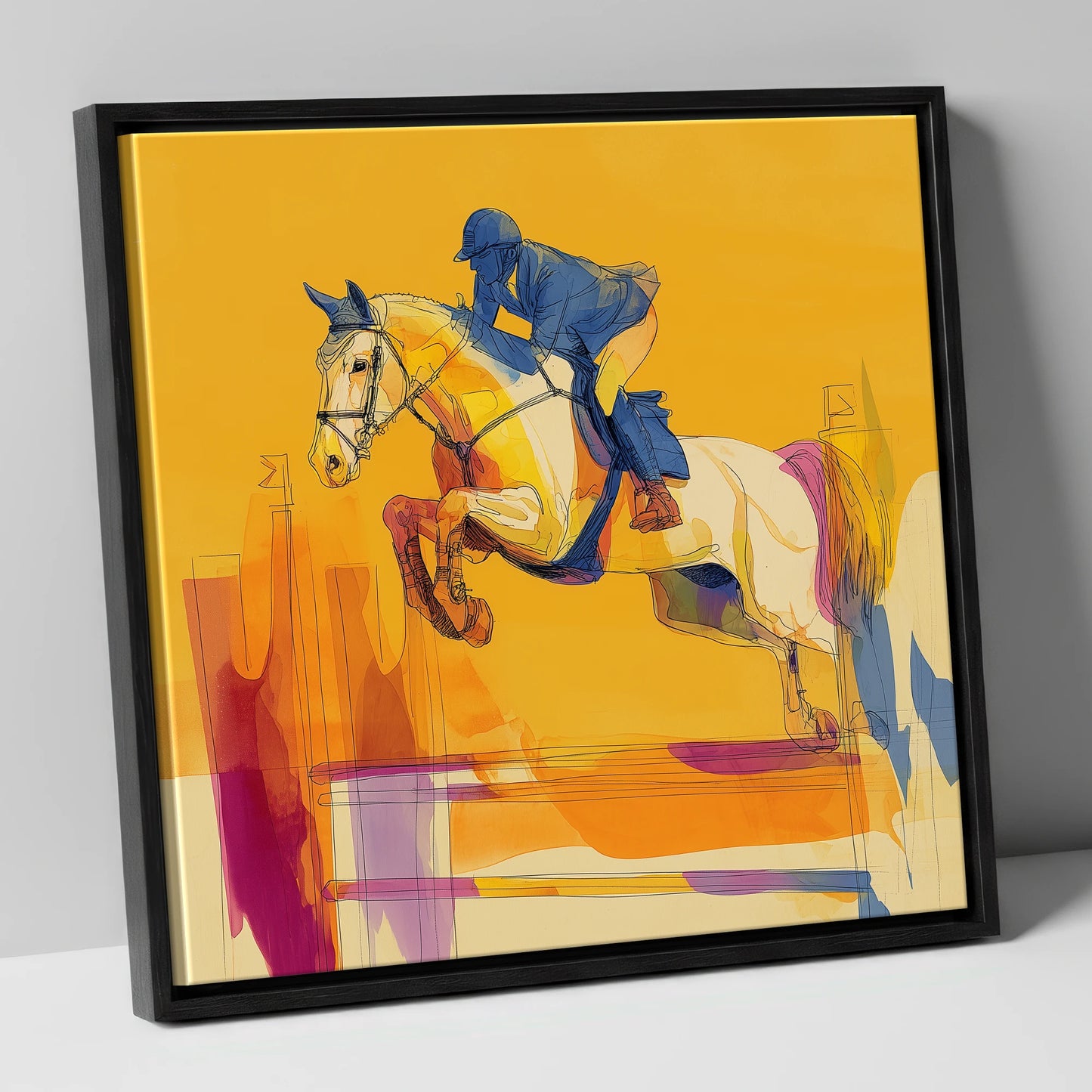 Flight In Gold show jumping horse canvas wall art in black frame