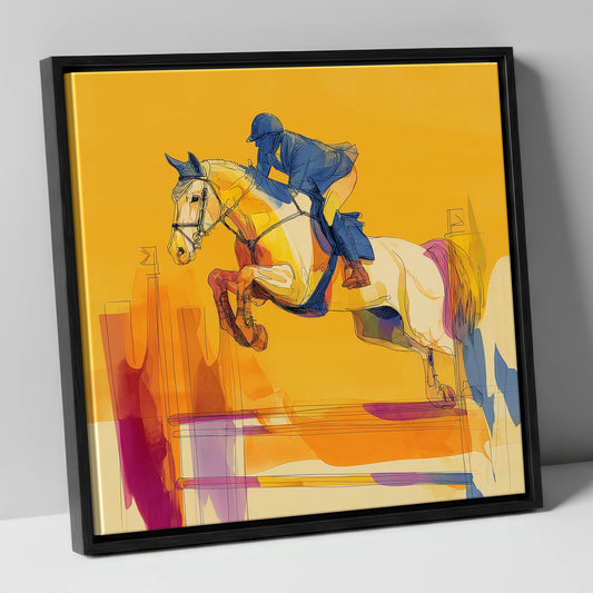 Flight In Gold show jumping horse canvas wall art in black frame