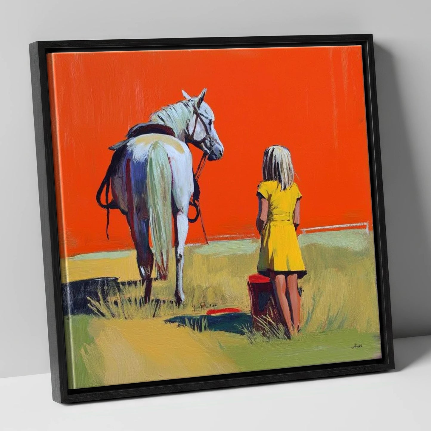 The Yellow Dress horse & rider canvas wall art in black frame
