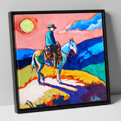 Technicolour Trail Rider western horse canvas wall art in black frame