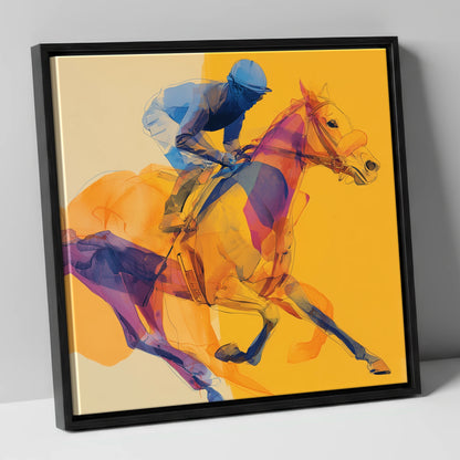 Cobalt Racing Stride racing horse canvas wall art in black frame