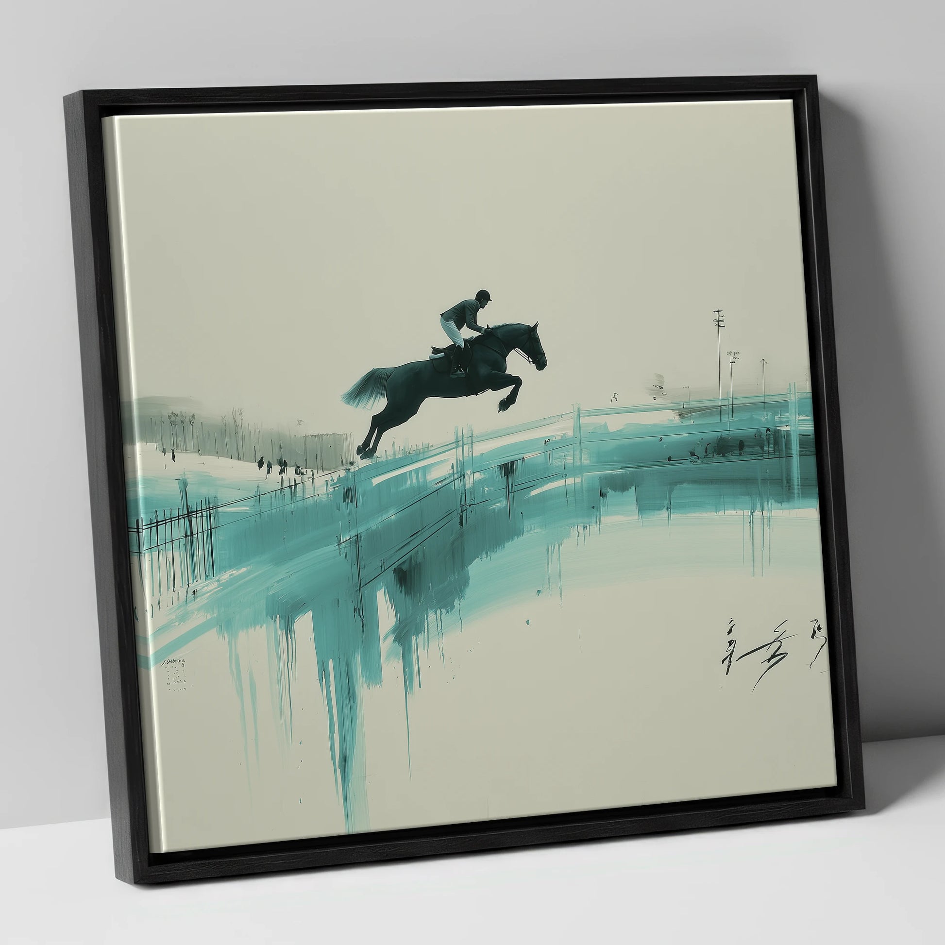 Airborne in Teal show jumping horse canvas wall art in black frame