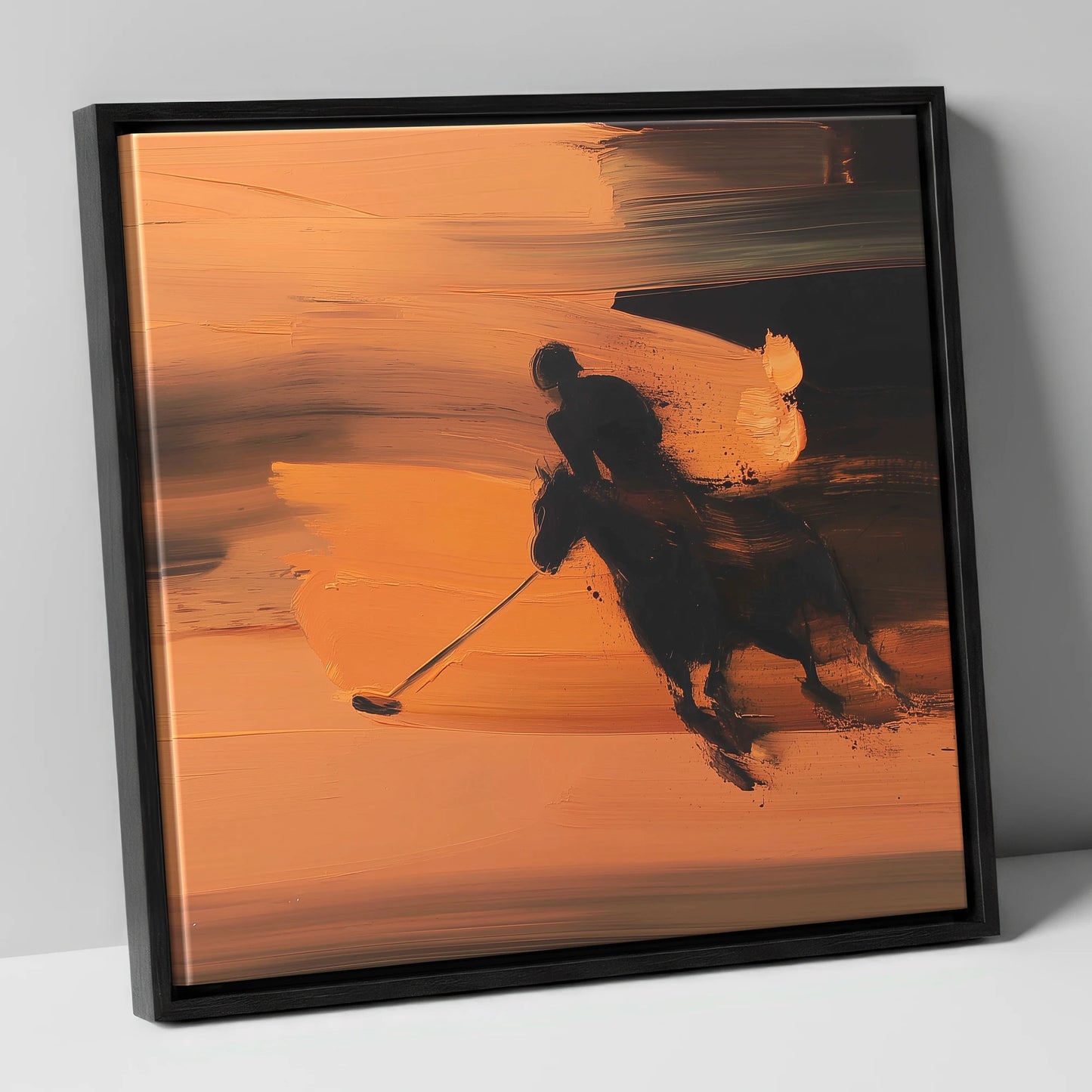 Amber Polo Pursuit polo horse canvas wall art in black frame