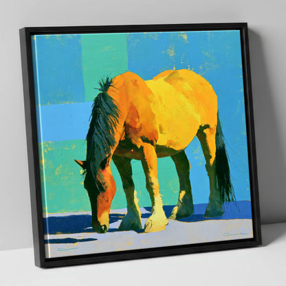 Vibrant Yellow Grazing Cob horse breed canvas wall art in black frame