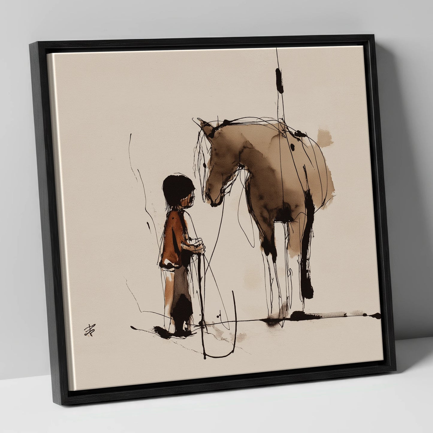 The Silent Bond horse & rider canvas wall art in black frame