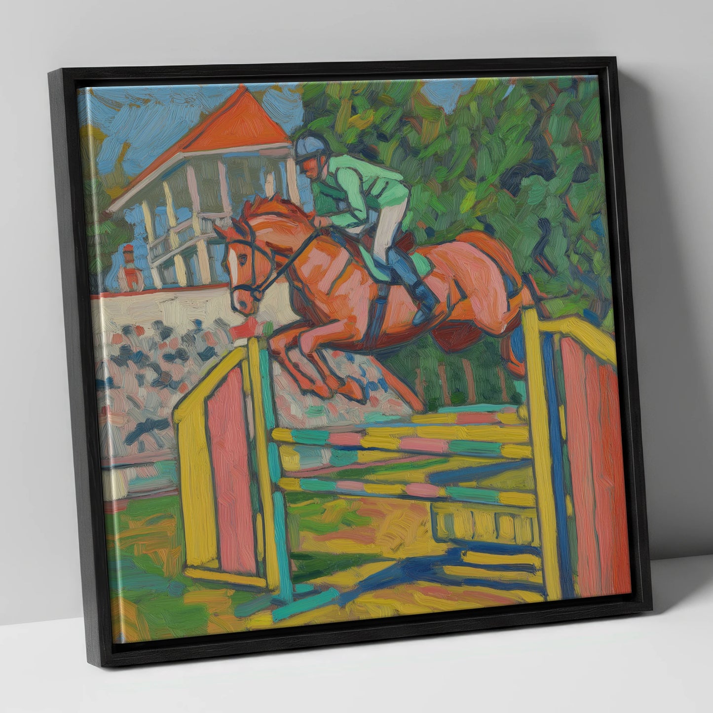 Clearing the Colours show jumping horse canvas wall art in black frame