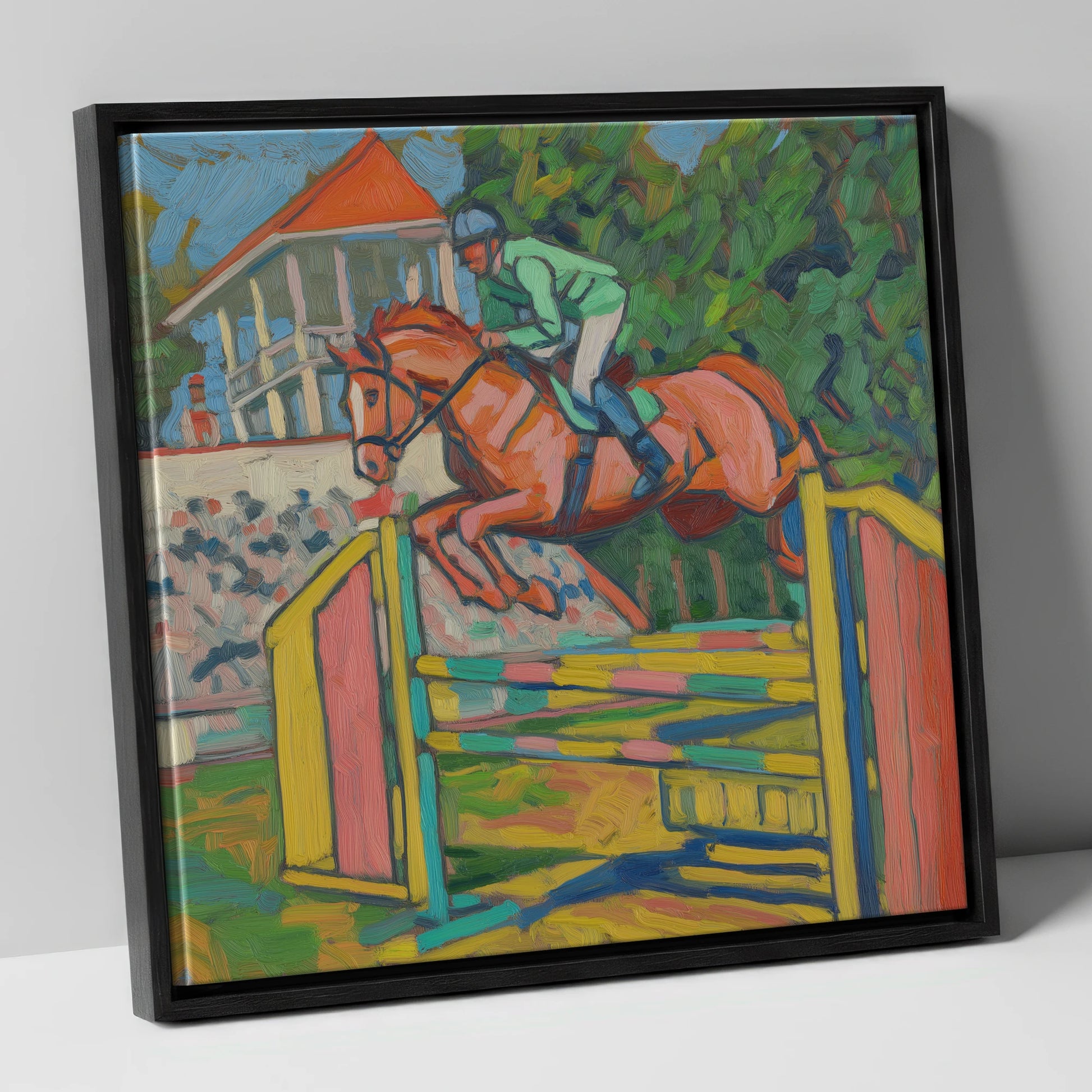 Clearing the Colours show jumping horse canvas wall art in black frame