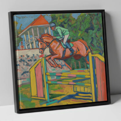 Clearing the Colours show jumping horse canvas wall art in black frame