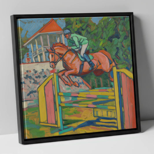 Clearing the Colours show jumping horse canvas wall art in black frame