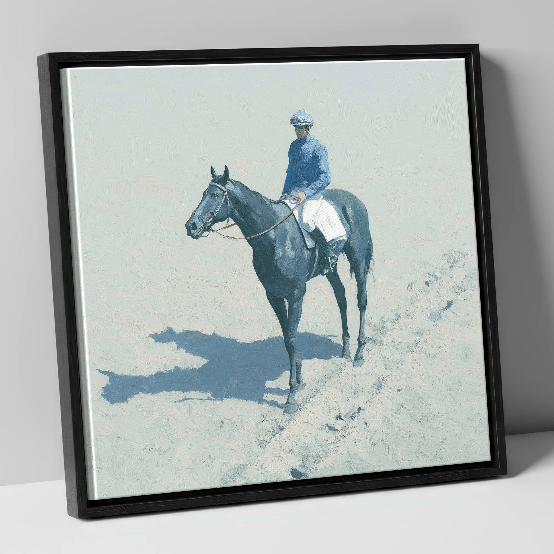 Dawn on the Gallops racing horse canvas wall art in black frame