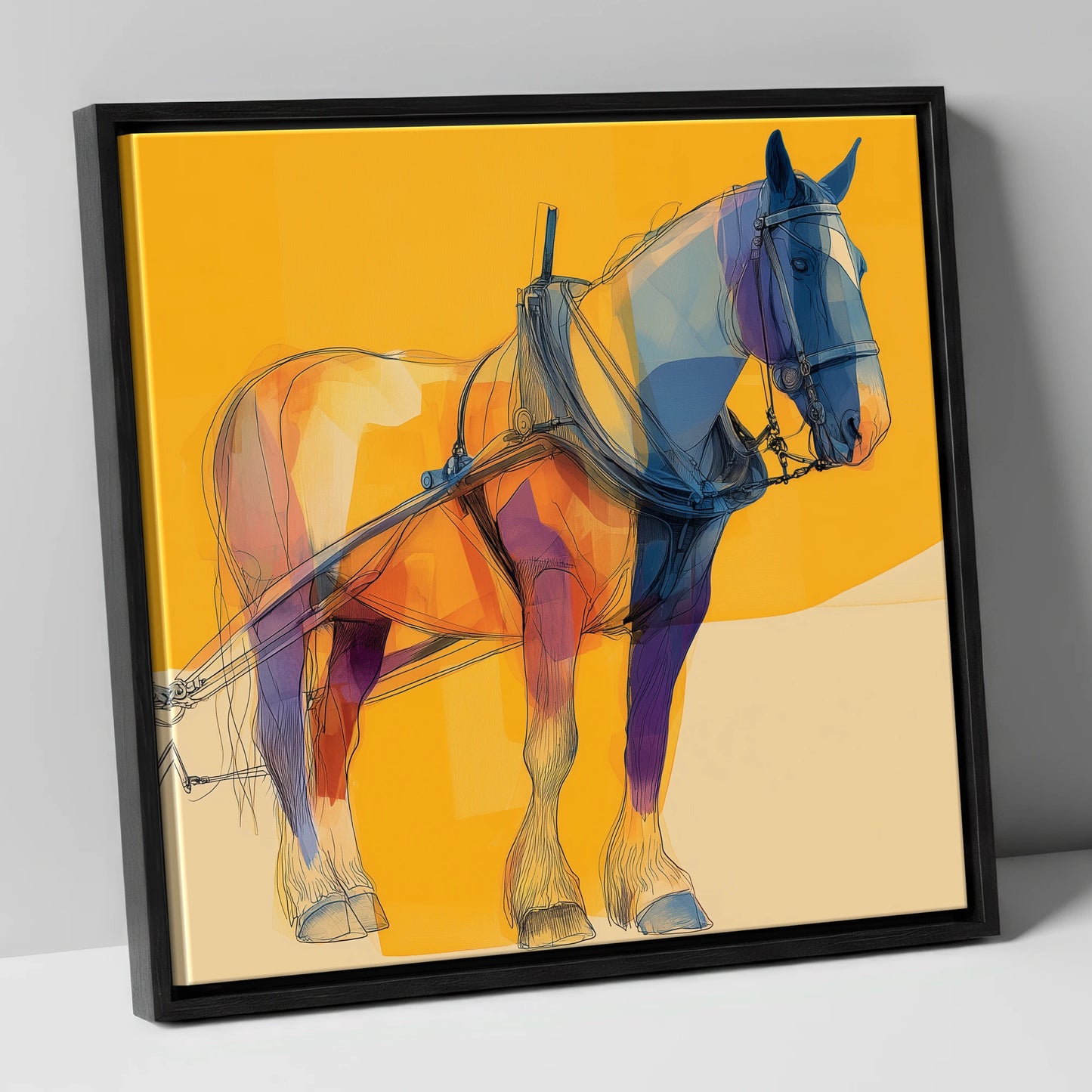 Modern Draught in Harness working horse canvas wall art in black frame