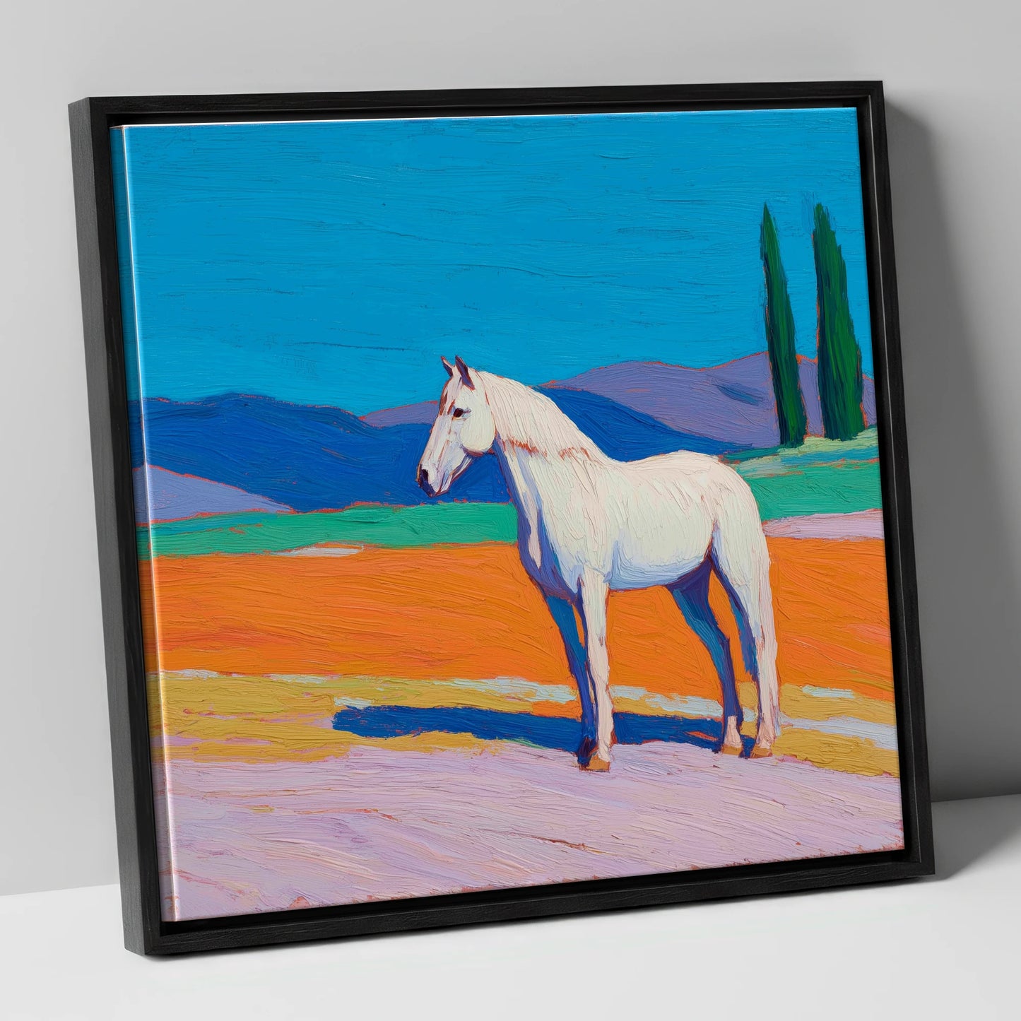 Radiant White Equine horse breed canvas wall art in black frame