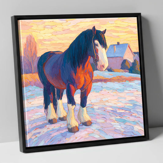 Majestic Winter Shire horse breed canvas wall art in black frame
