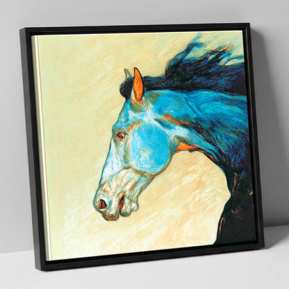 Cerulean Spirit racing horse canvas wall art in black frame