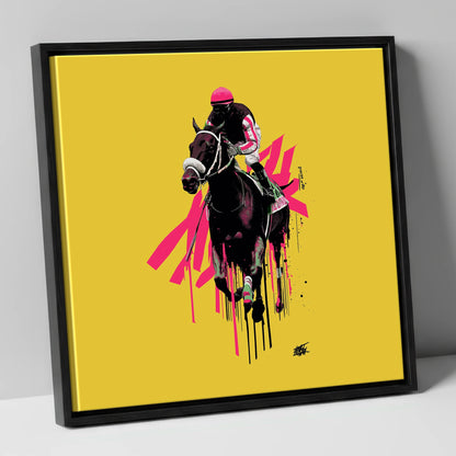 Neon Gallop racing horse canvas wall art in black frame