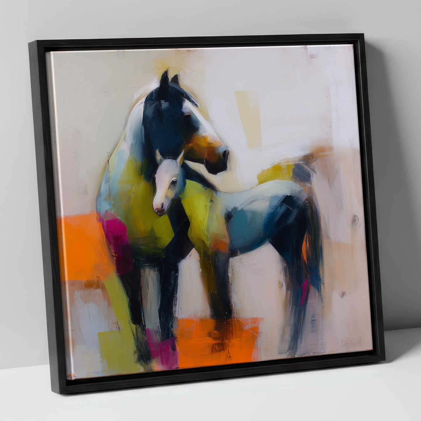 Vibrant Mare and Foal mare & foal canvas wall art in black frame