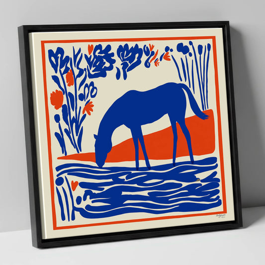 Cobalt Equine Oasis horse landscape canvas wall art in black frame