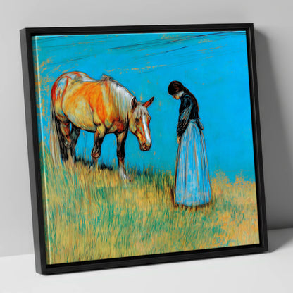 Cerulean Bond horse & rider canvas wall art in black frame