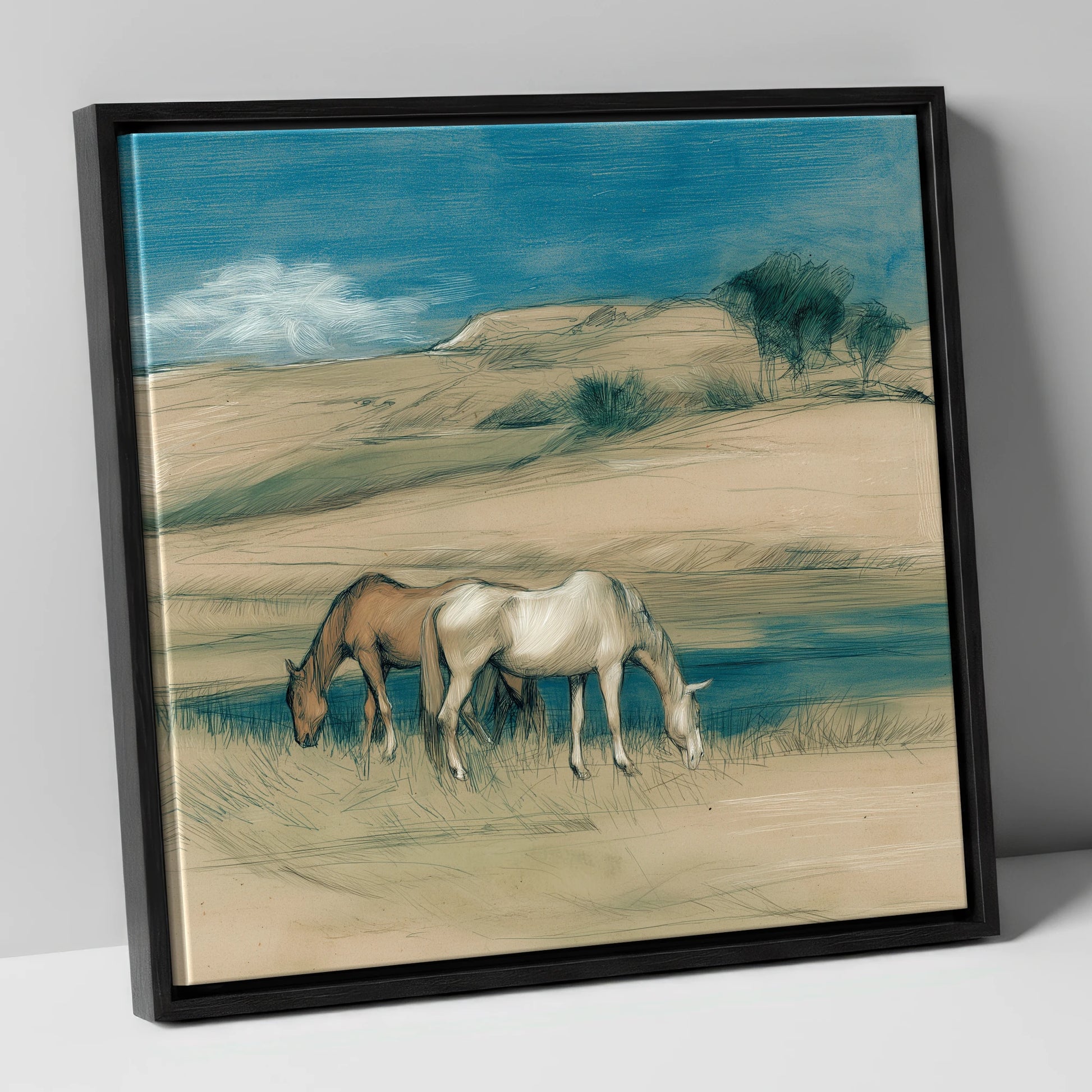 Quiet Companions horse landscape canvas wall art in black frame