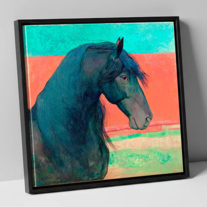 Crimson Horizon Friesian horse breed canvas wall art in black frame