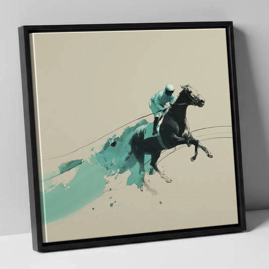 Velocity In Teal racing horse canvas wall art in black frame