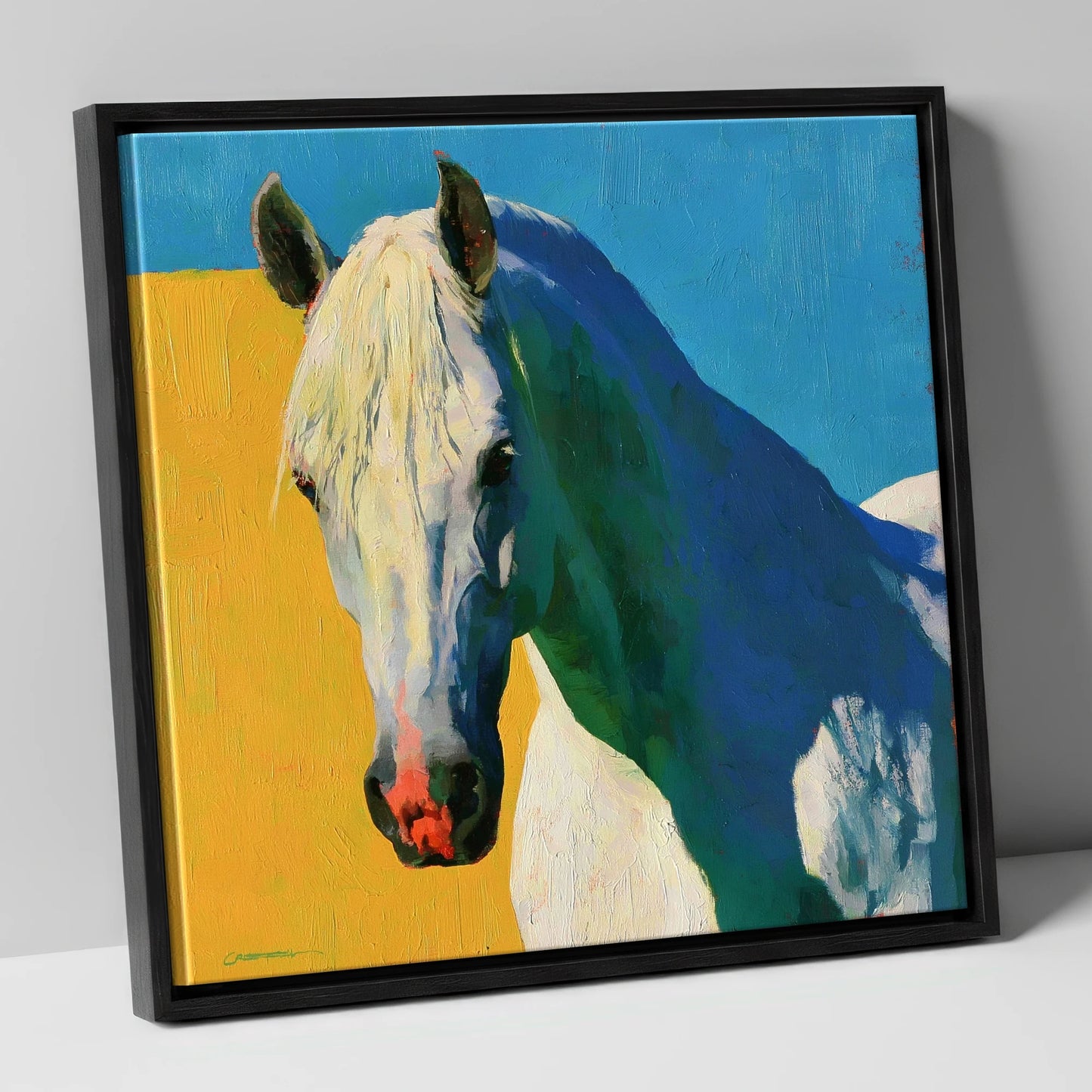 Grey Horse in Vibrant Sunlight horse breed canvas wall art in black frame