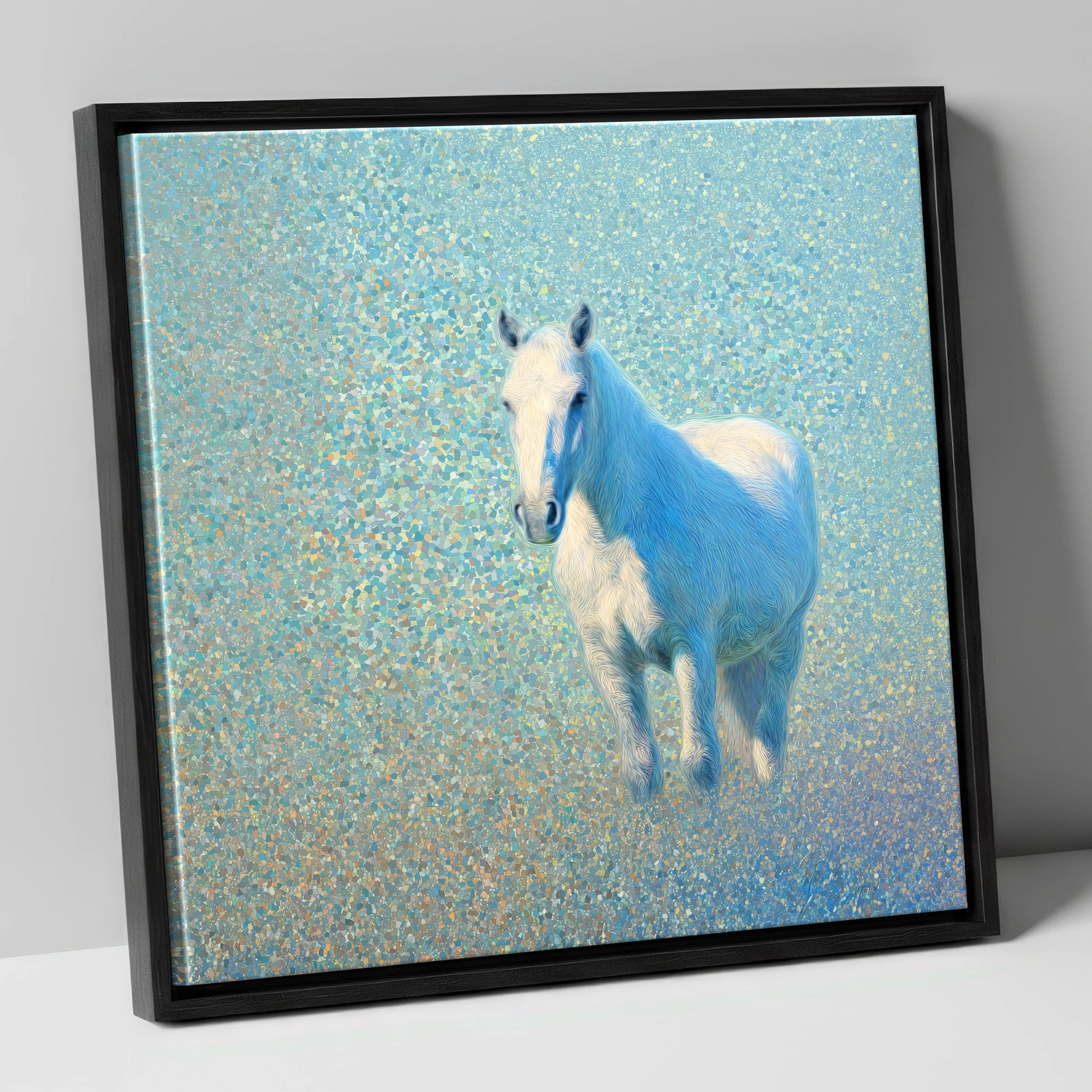 Luminous Azure Grey horse portrait canvas wall art in black frame