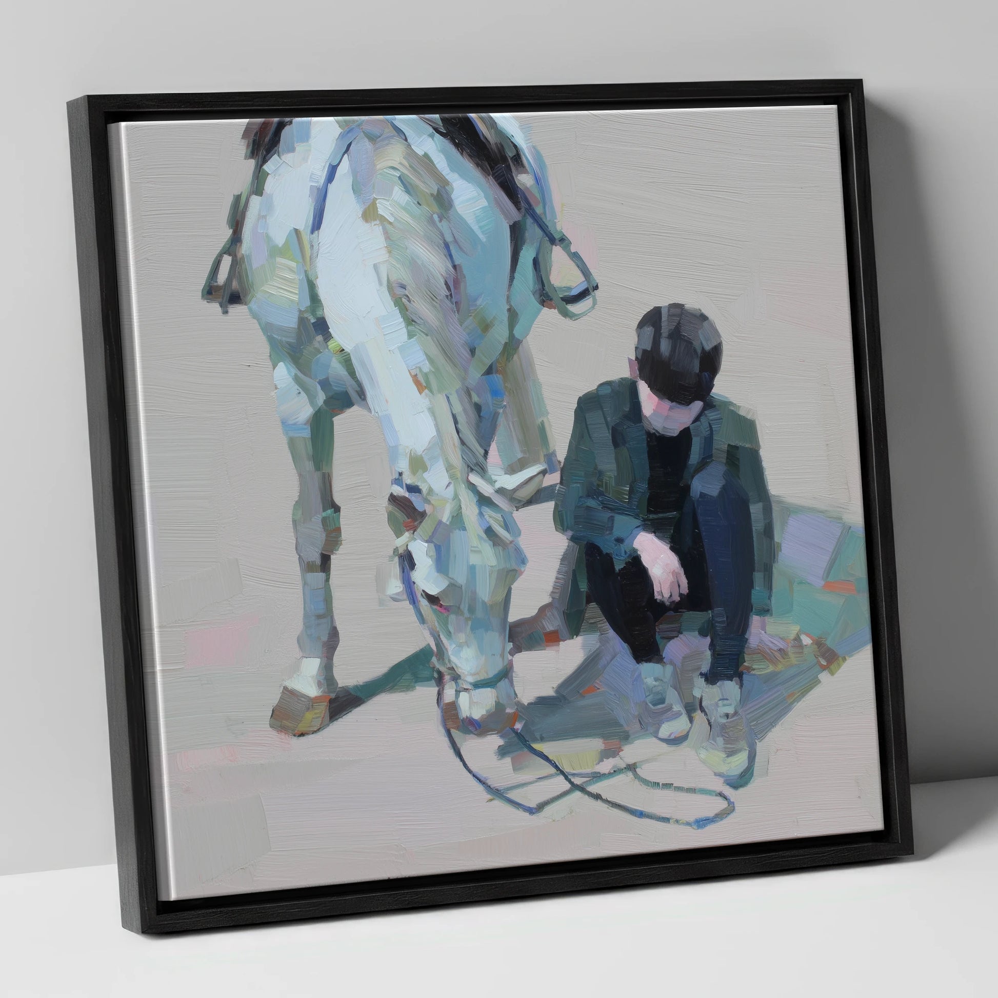 Shared Silence horse & rider canvas wall art in black frame