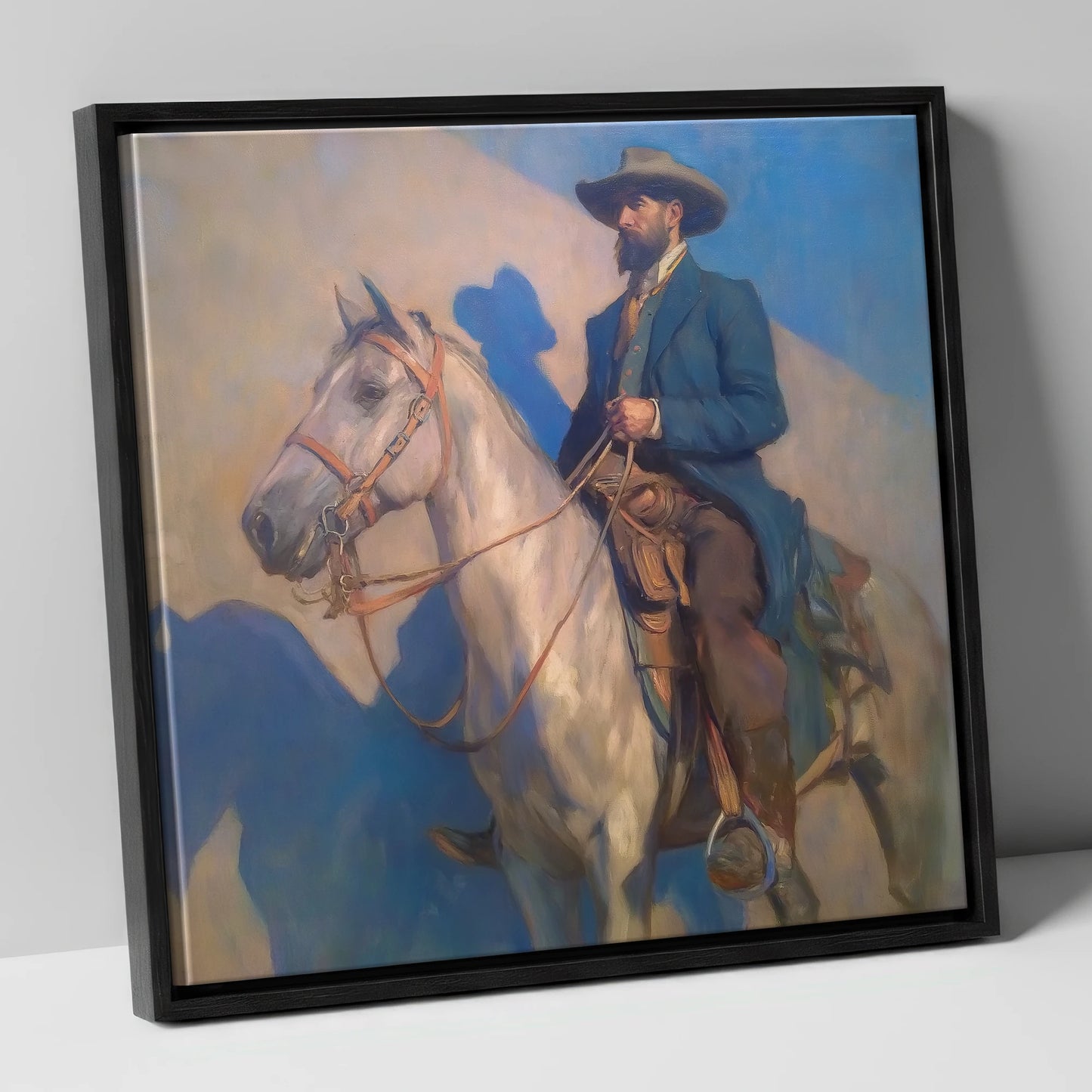 The Quiet Pioneer western horse canvas wall art in black frame