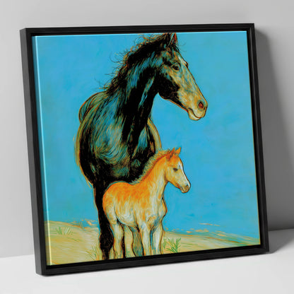 Cerulean Bond mare & foal canvas wall art in black frame