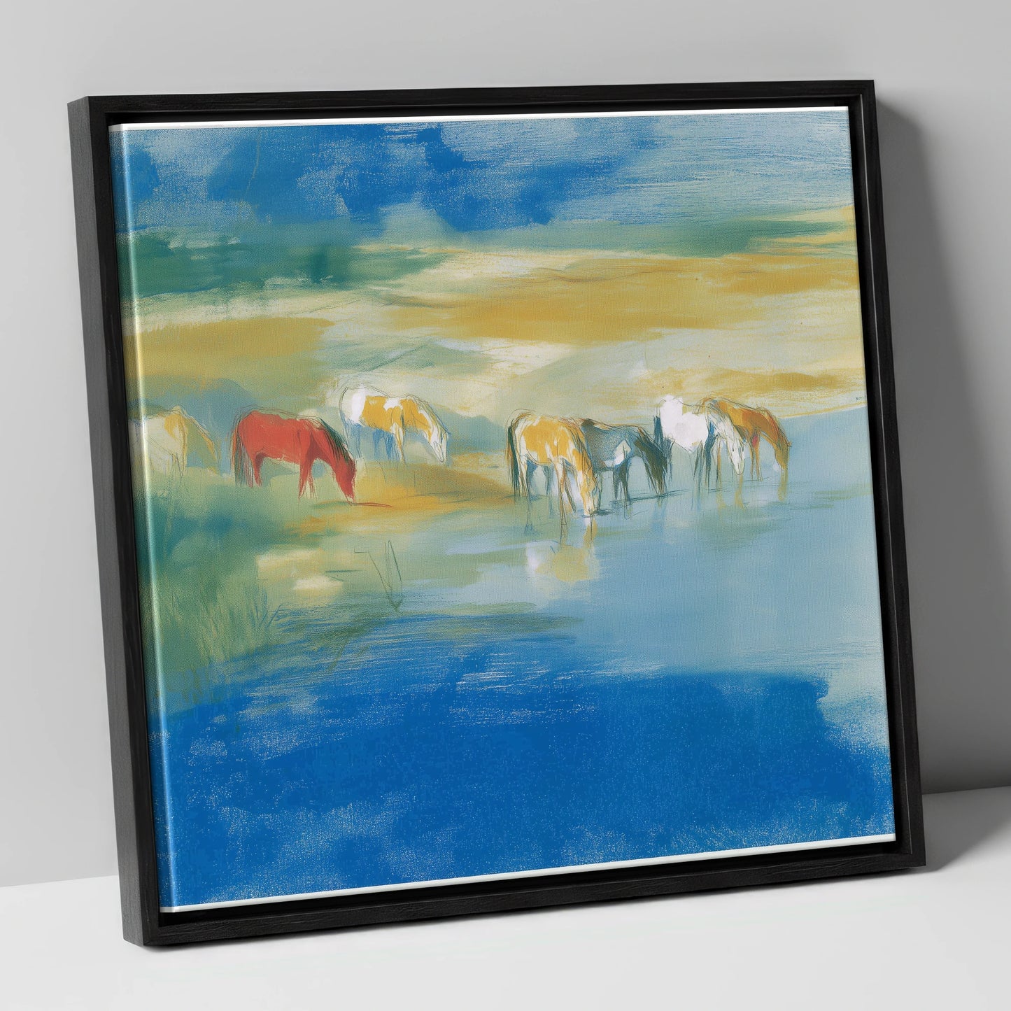 Vivid Watering Hole wild horses canvas wall art in black frame