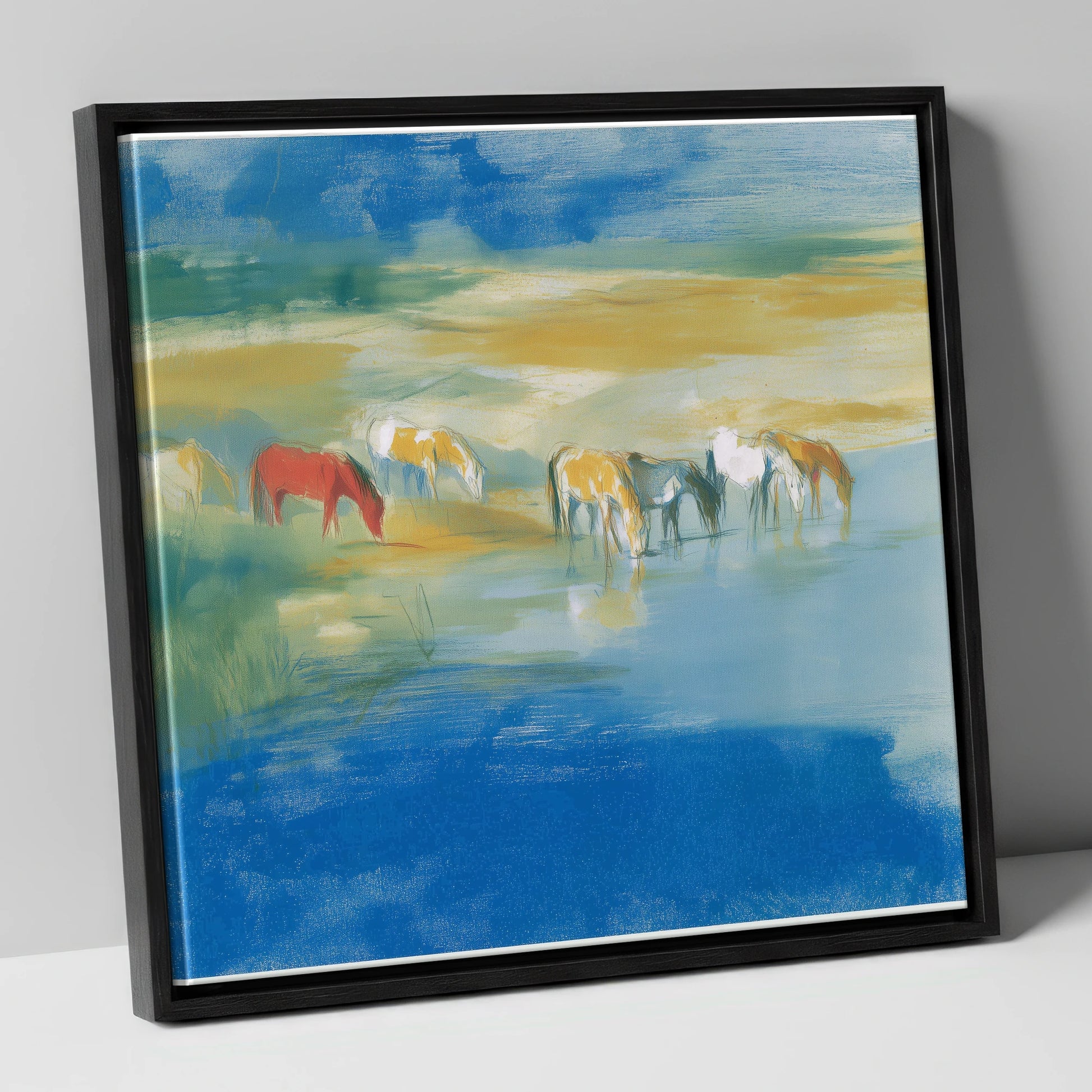 Vivid Watering Hole wild horses canvas wall art in black frame