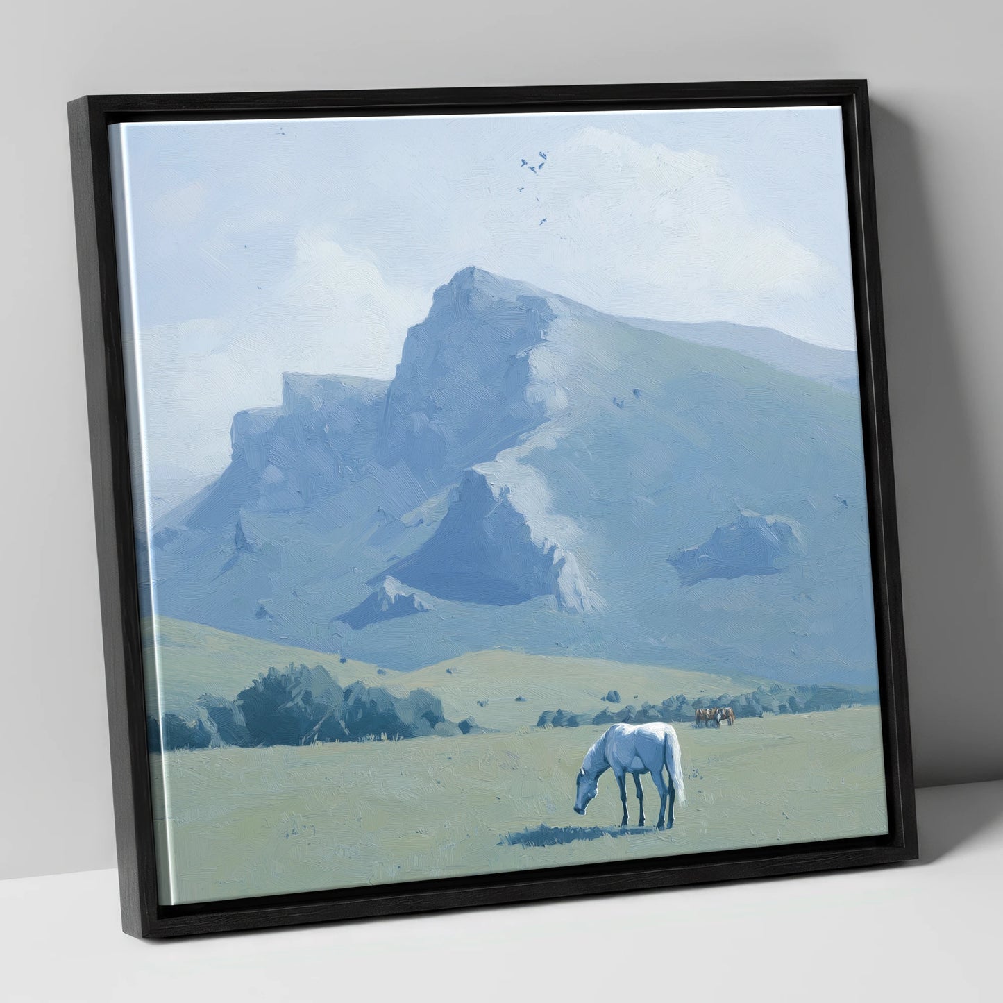 Beneath the Blue Peaks horse landscape canvas wall art in black frame