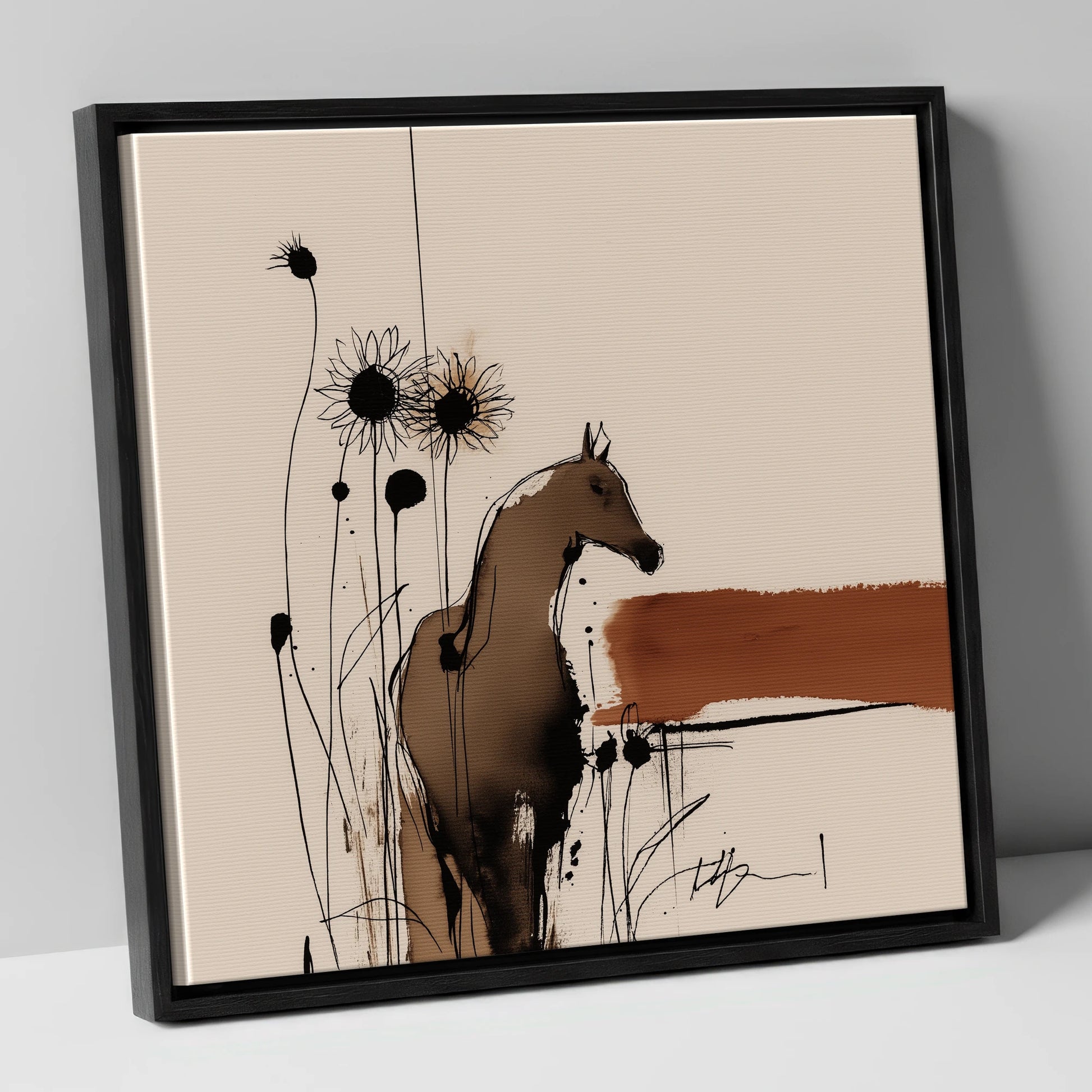 Rust and Shadows horse portrait canvas wall art in black frame