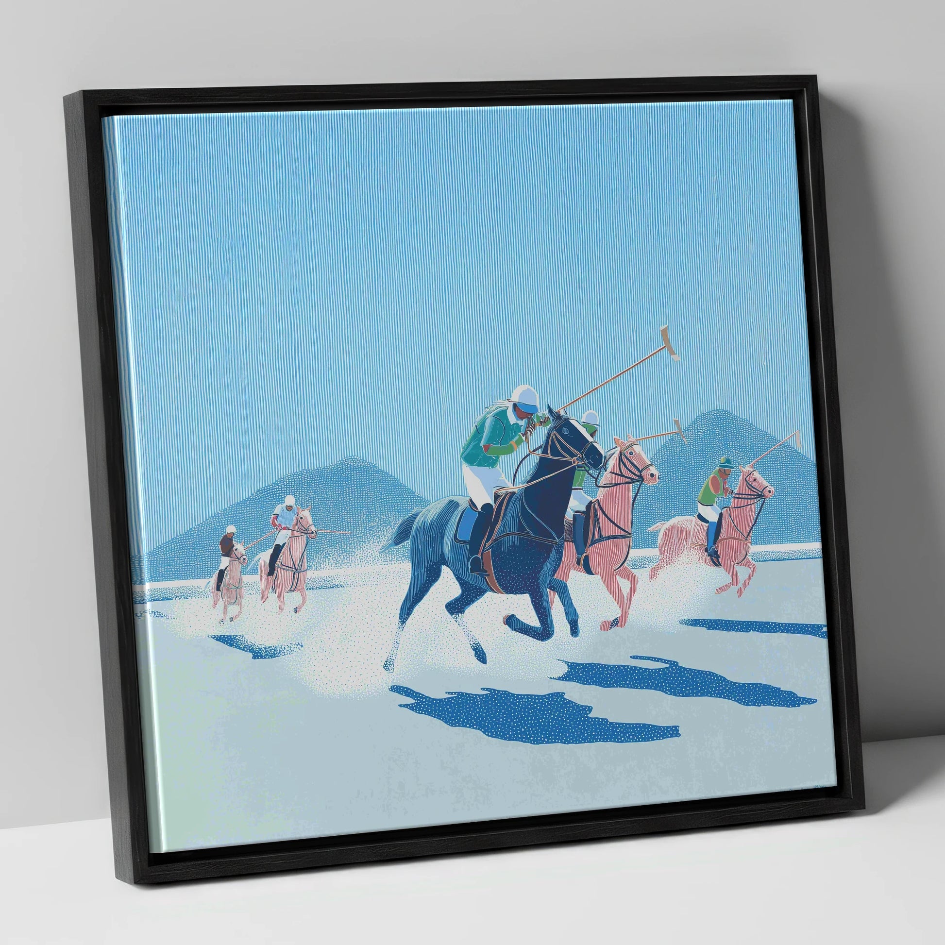 Azure Polo Pursuit polo horse canvas wall art in black frame