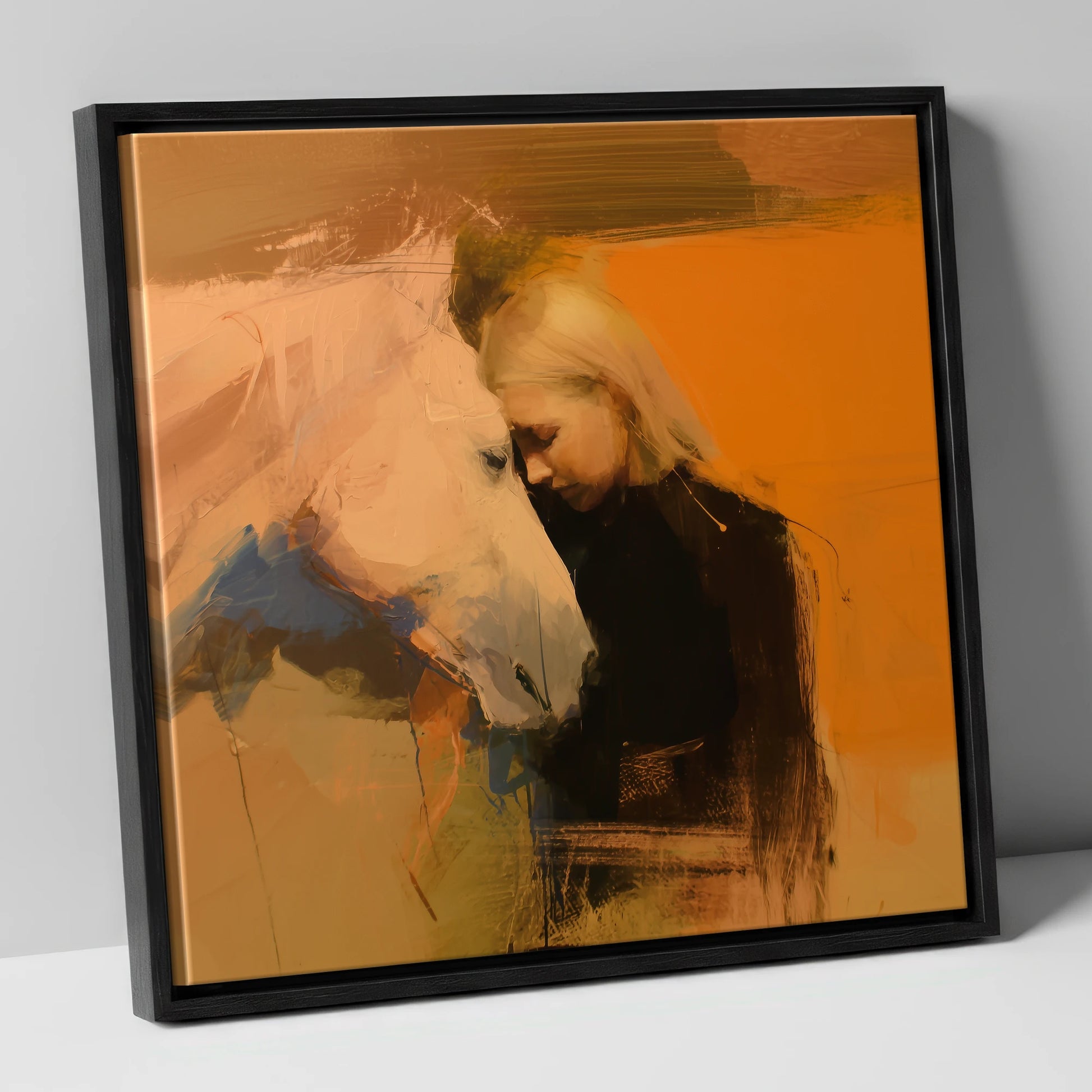 Silent Connection horse & rider canvas wall art in black frame